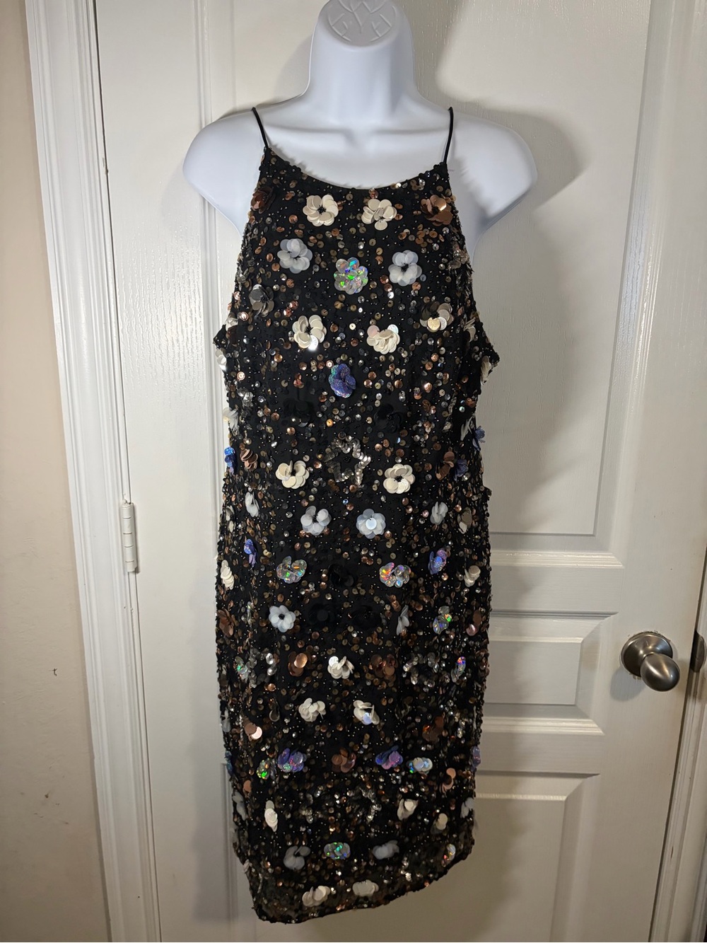 Adrianna Papell Black Sequin Floral Midi Slip Dress